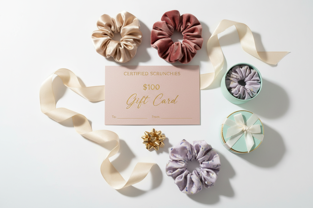 Shop premium handmade scrunchies with a Certified Scrunchies gift card. Available in $25, $50, and $100 denominations. Ships digitally.