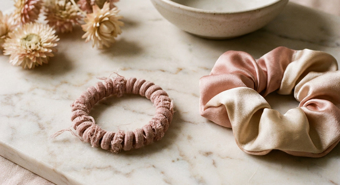 A worn elastic hair tie placed beside a soft silk scrunchie on a marble surface, highlighting the contrast between damaging and protective hair accessories.