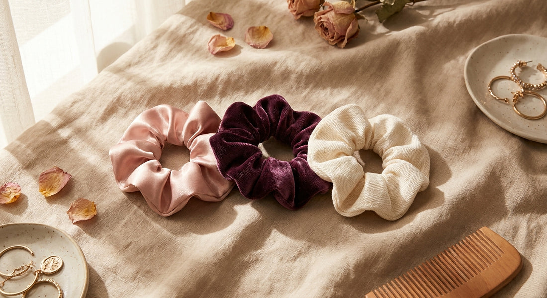 Three scrunchies in satin, velvet, and cotton fabrics arranged on a soft linen surface in warm natural light, showcasing their distinct textures.