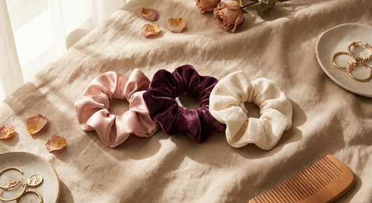 Three scrunchies in satin, velvet, and cotton fabrics arranged on a soft linen surface in warm natural light, showcasing their distinct textures.