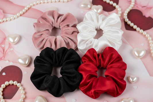 1 pink velvet scrunchie, 1 white satin scrunchie, 1 black scrunchie, 1 red satin scrunchie on a romantic seductive hearts pearls background