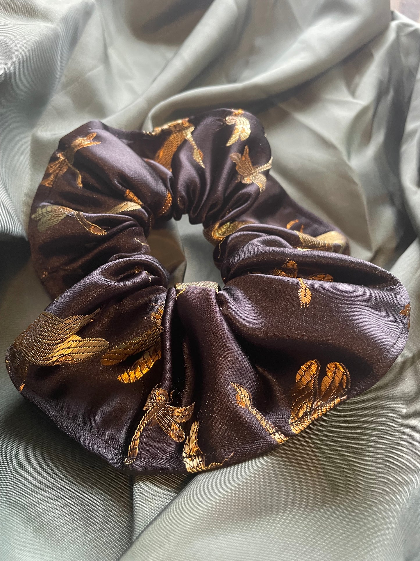 Dragonfly Black Satin Scrunchie - Premium Handmade