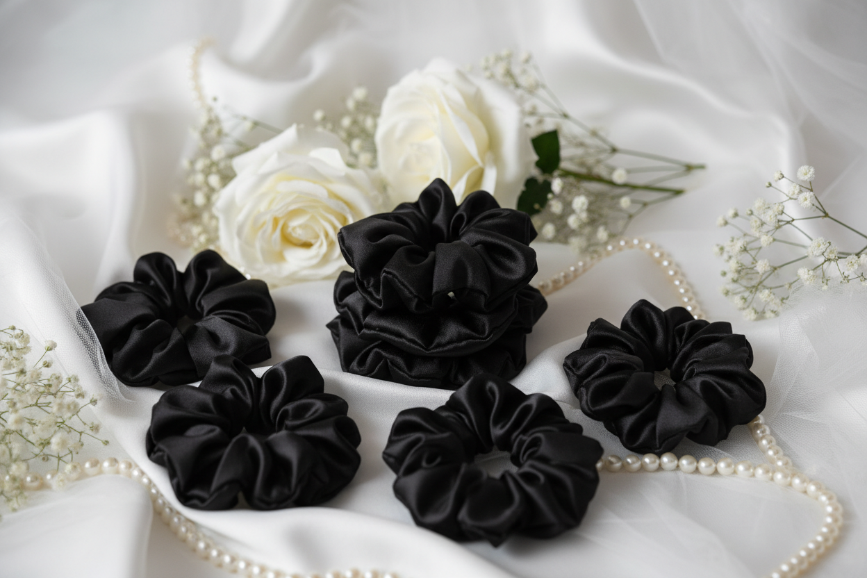 25 Black Satin SCrunchies on a wedding theme