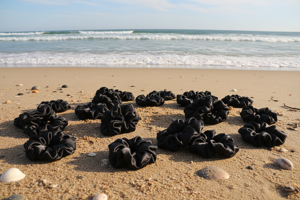 25 satin black scrunchies on a beach setting
