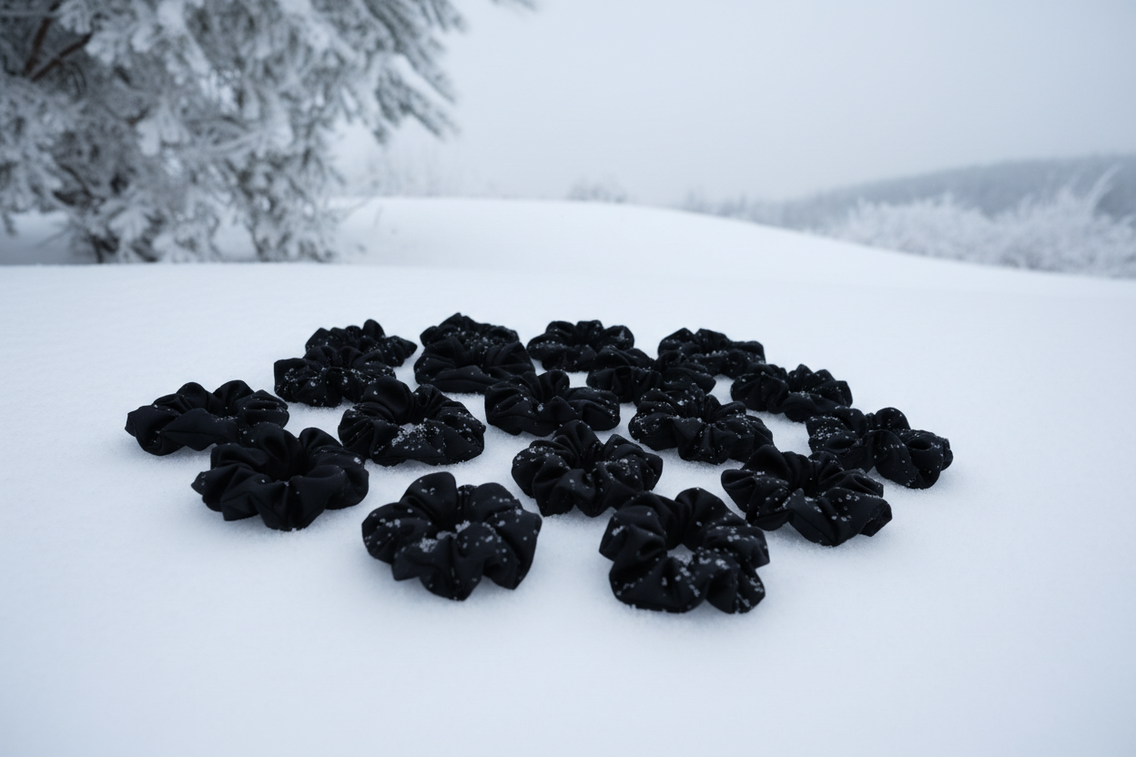 25 satin black scrunchies on a snowy setting