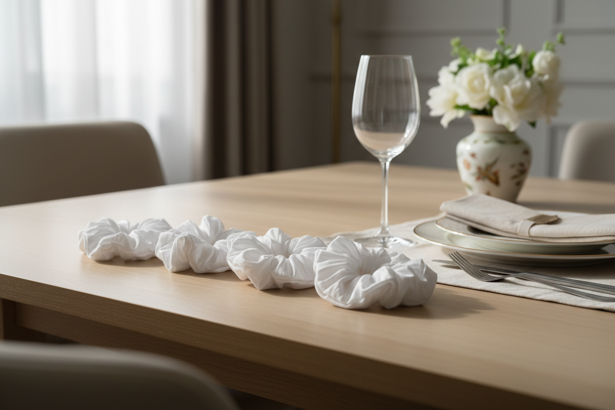 3 white polyester scrunchies on a table setting
