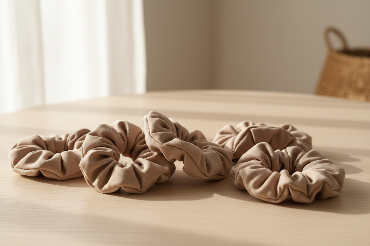 5 beige polyester fabric scrunchies on a table 