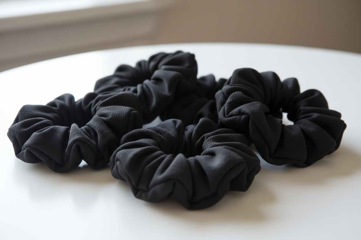 5 black polyester fabric scrunchies on a table 