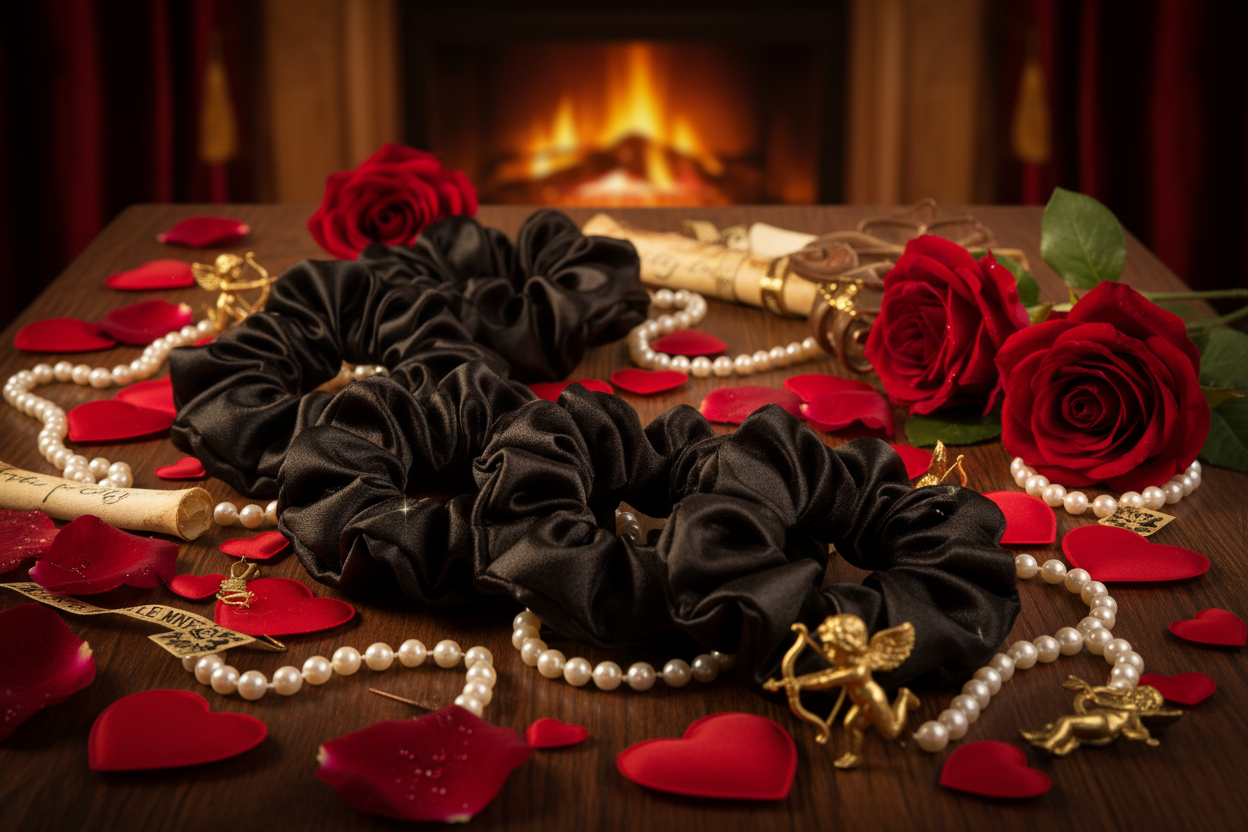 5 black satin scrunchie on a table with hearts love pearl cupid roses seductive