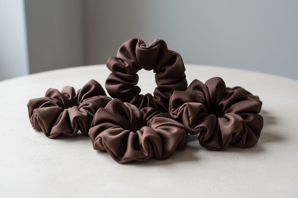 5 dark brown only polyester fabric scrunchies on a table 