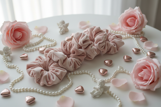 5 light pink only velvet scrunchie on a table with hearts love pearl cupid roses