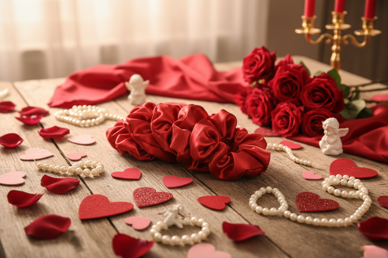 5 red satin scrunchie on a table with hearts love pearl cupid roses romantic