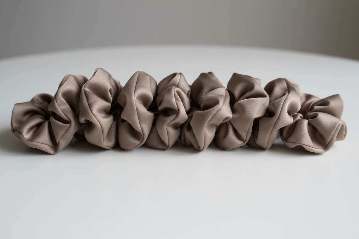 5 taupe polyester smooth fabric scrunchies on a table 