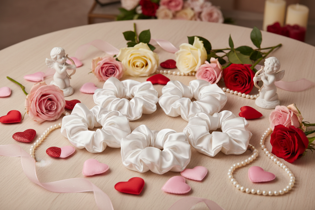 5 white satin scrunchie on a table with hearts love pearl cupid roses