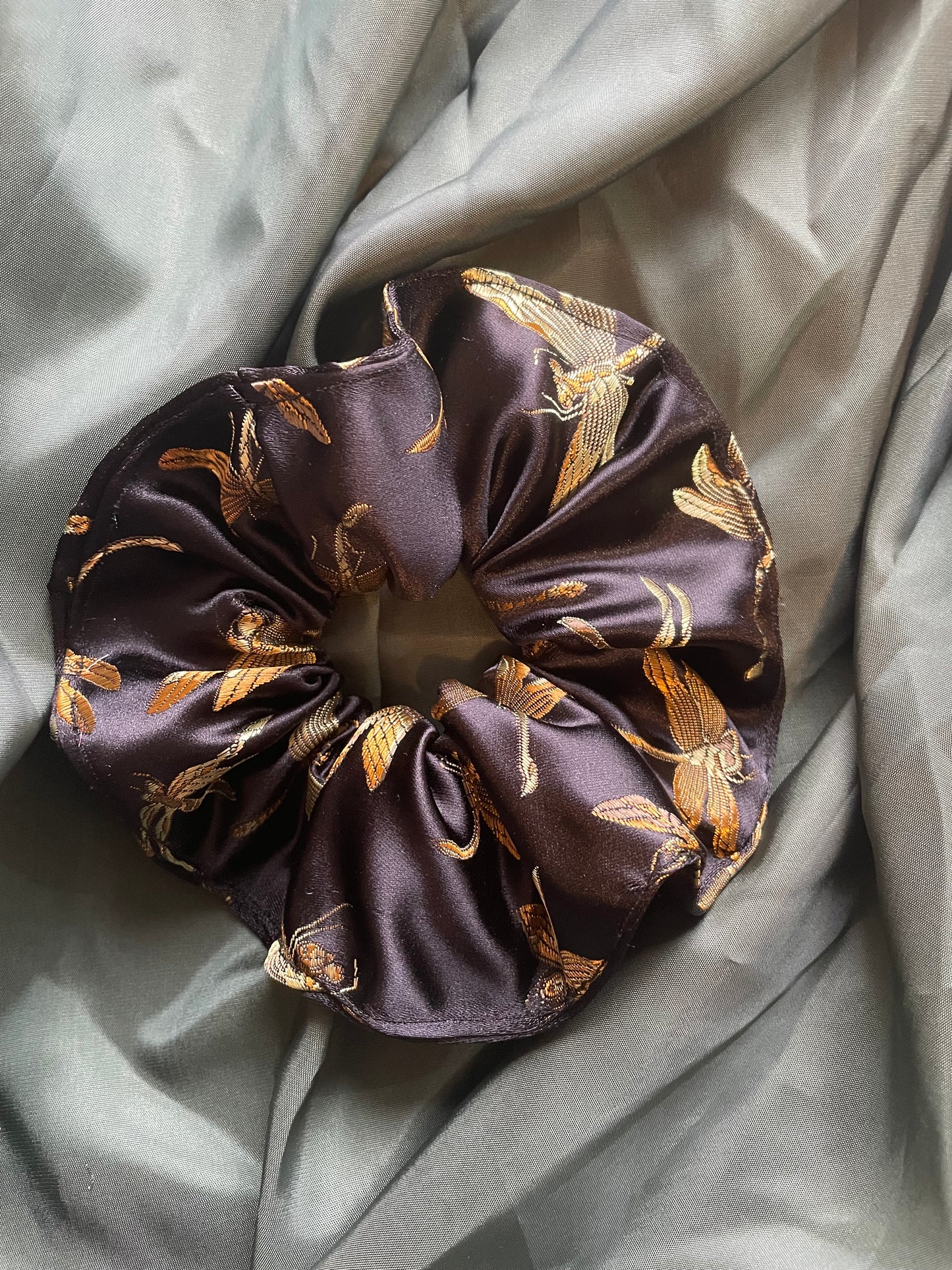 Dragonfly Black Satin Scrunchie - Premium Handmade