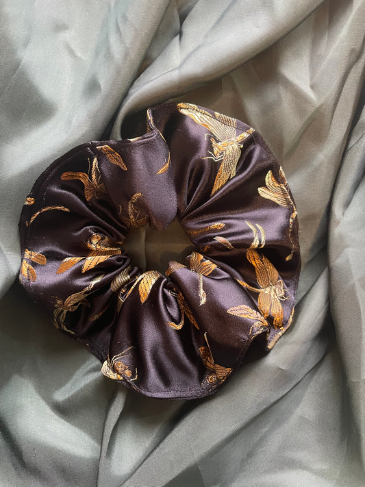 Dragonfly Black Satin Scrunchie - Premium Handmade