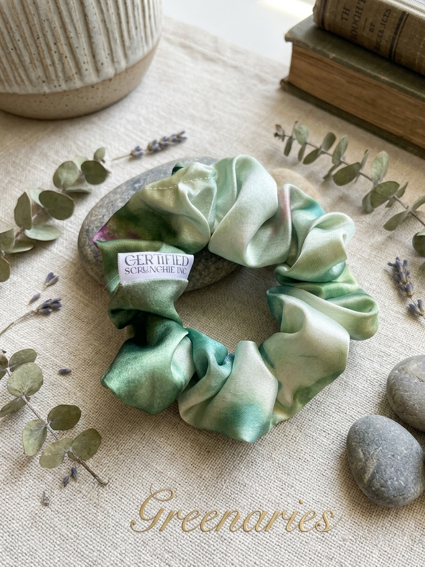 Green scrunchie with brand label on a textured surface with leaves and stones