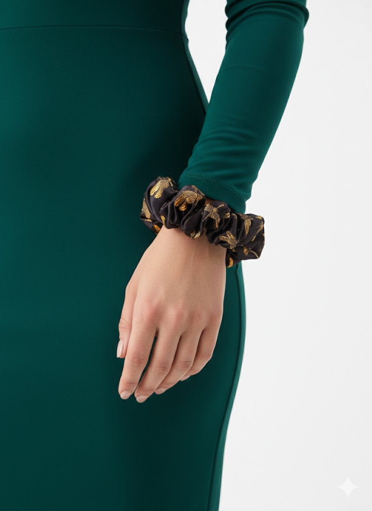 Dragonfly Black Satin Scrunchie - Premium Handmade