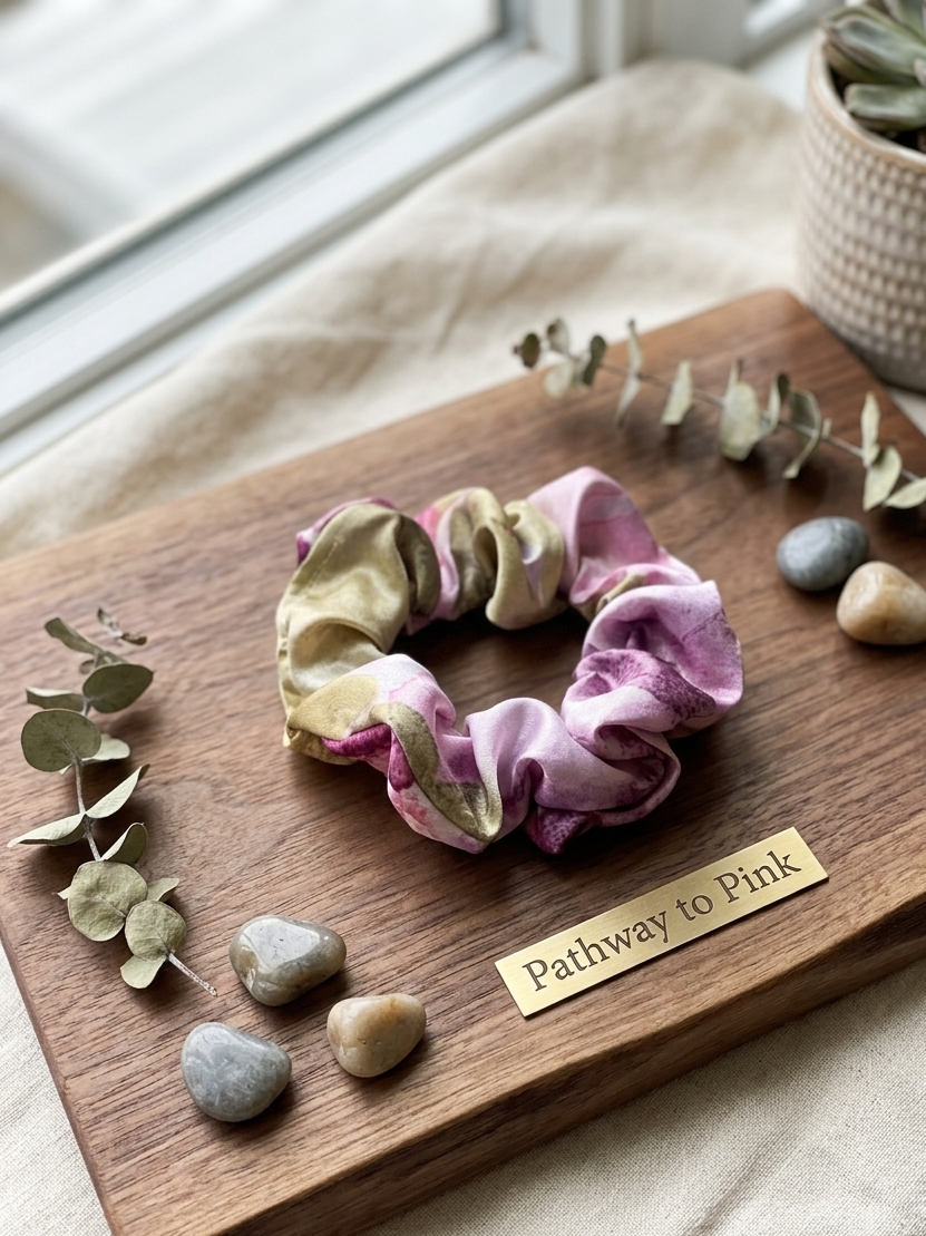 Two scrunchies on a wooden board with decorative elements and a sign reading 'Pathway to Pink'.
