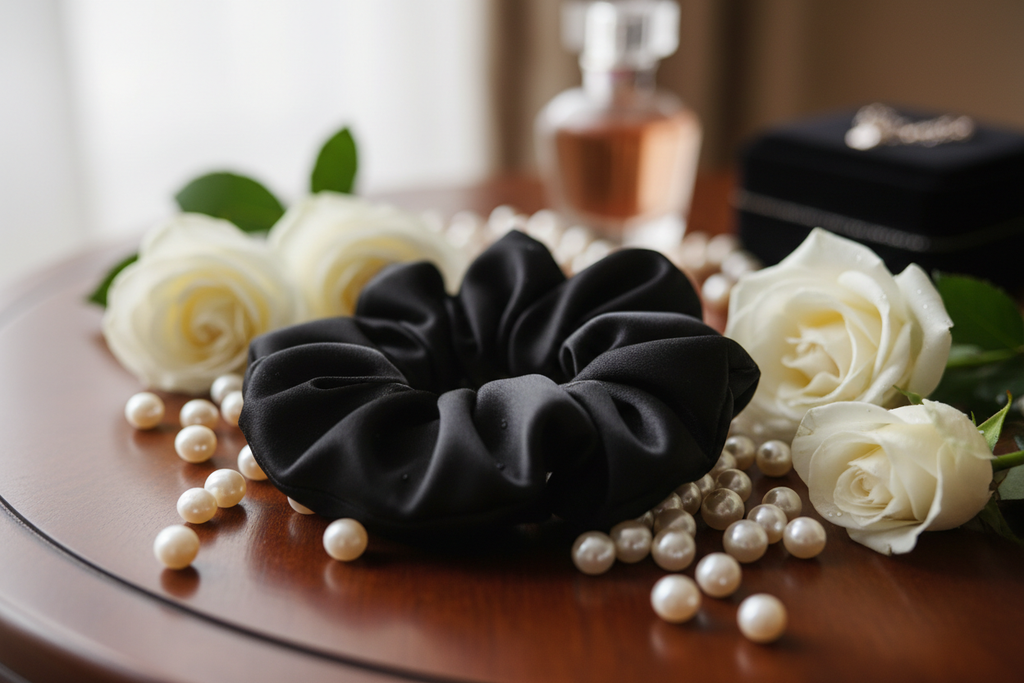 a black satin scrunchie on a table with pearls and white roses