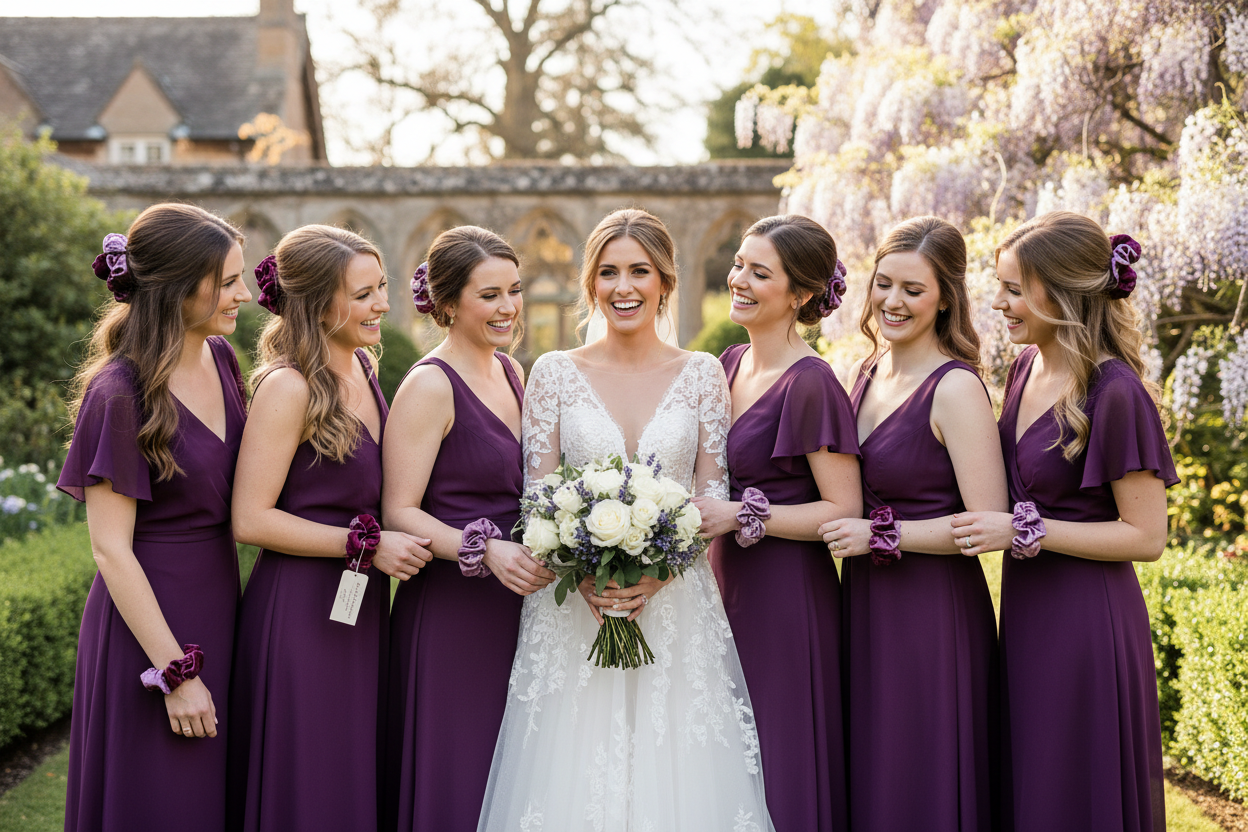 a bride with purple scrunchie bridesmaids