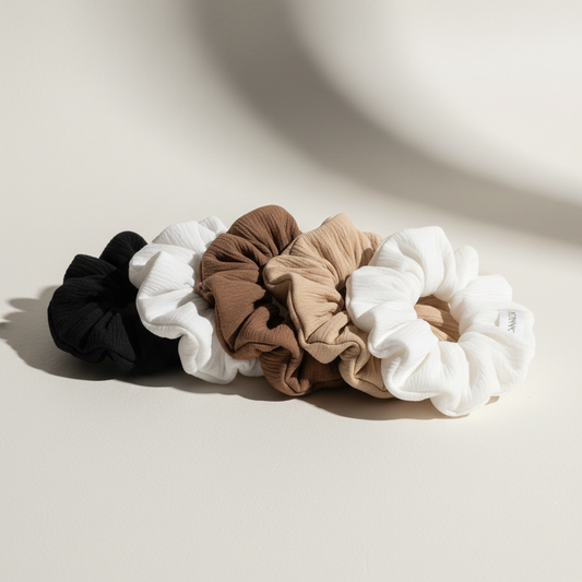 all polyester scrunchies in the color black white taupe brown beige 