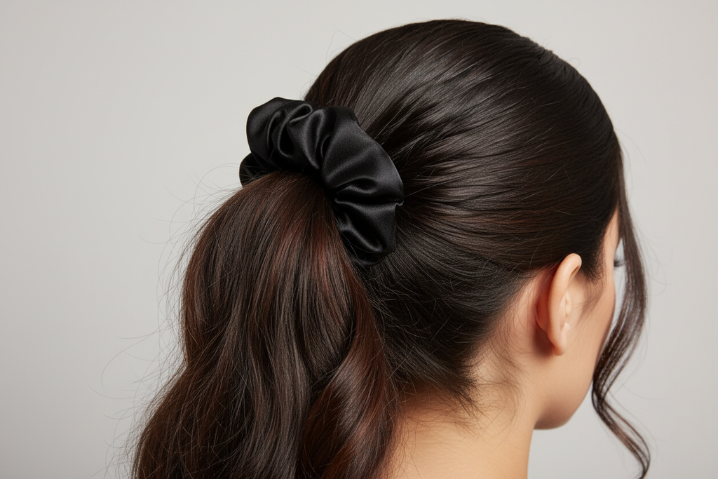 black satin scrunchie on hair
