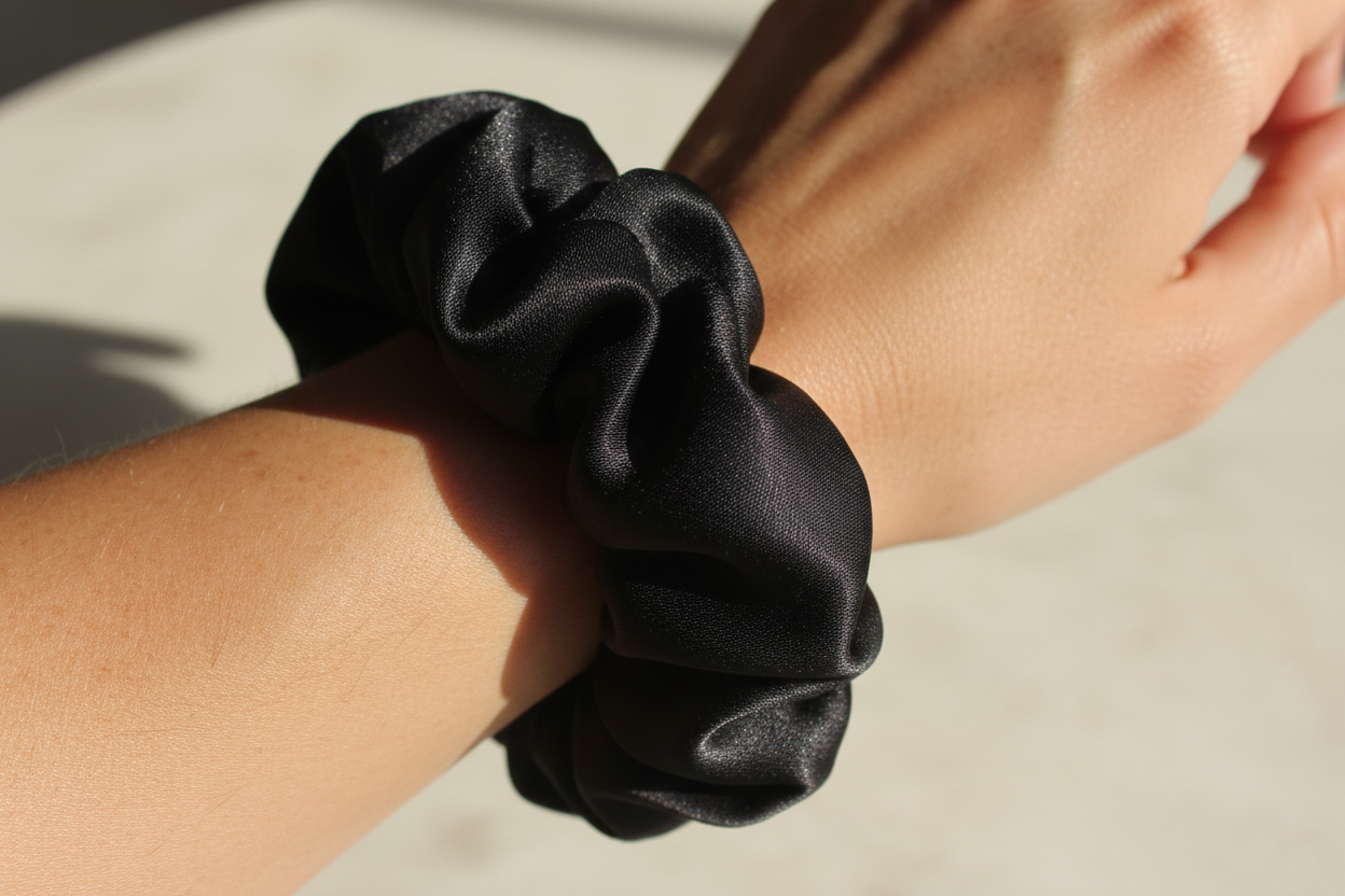 black satin scrunchie on wrist