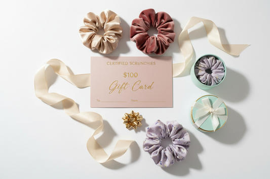 Shop premium handmade scrunchies with a Certified Scrunchies gift card. Available in $25, $50, and $100 denominations. Ships digitally.