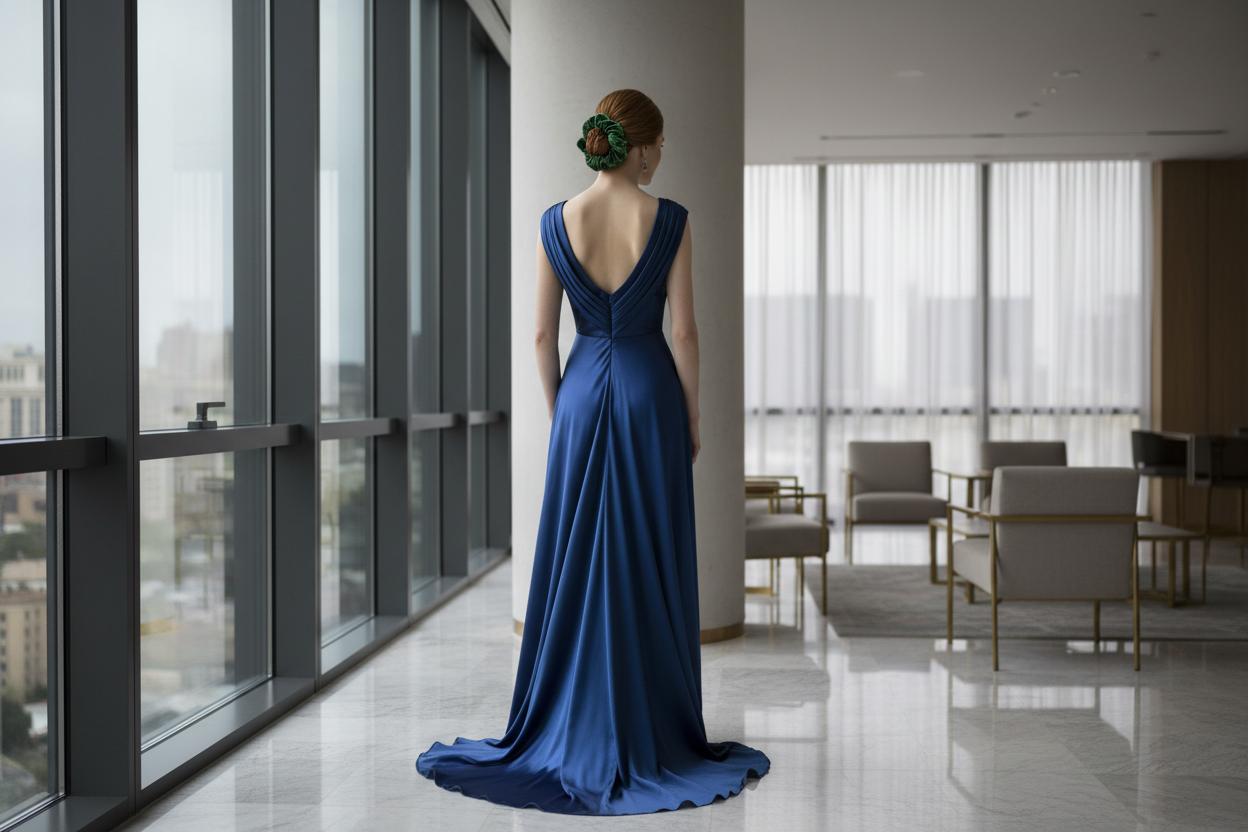 green velvet scrunchie on hair with lady wearing a beautiful dress not facing the camera