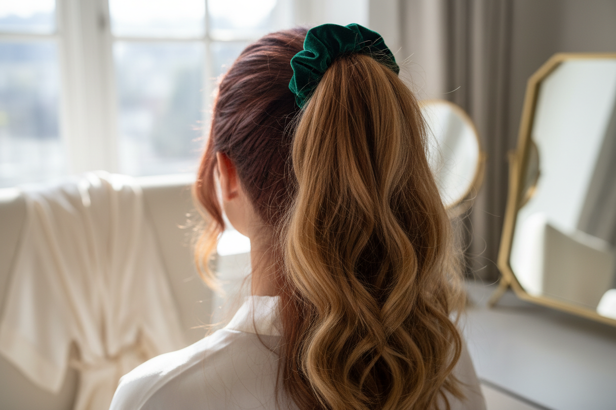 green velvet scrunchie on hair
