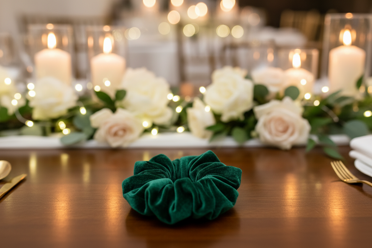 green velvet scrunchie on table with wedding background