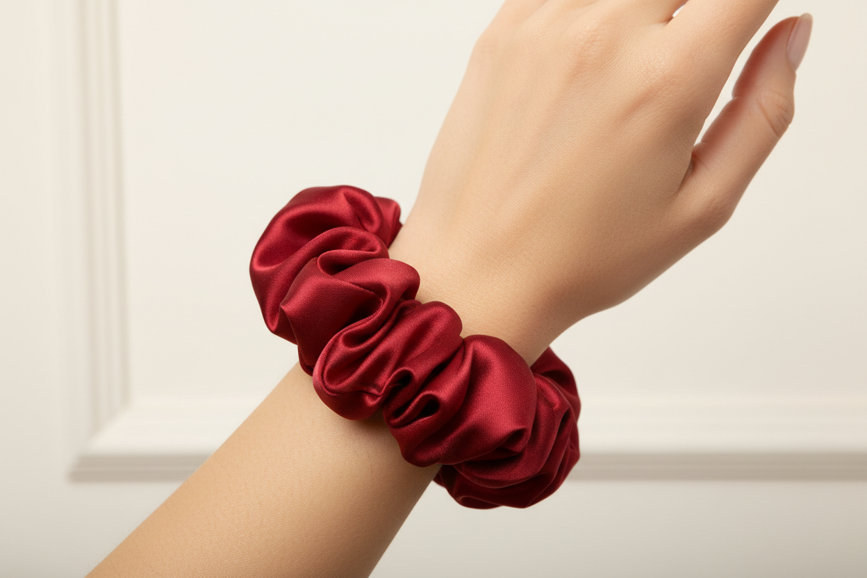 lady wearing red satin scrunchie on wrist