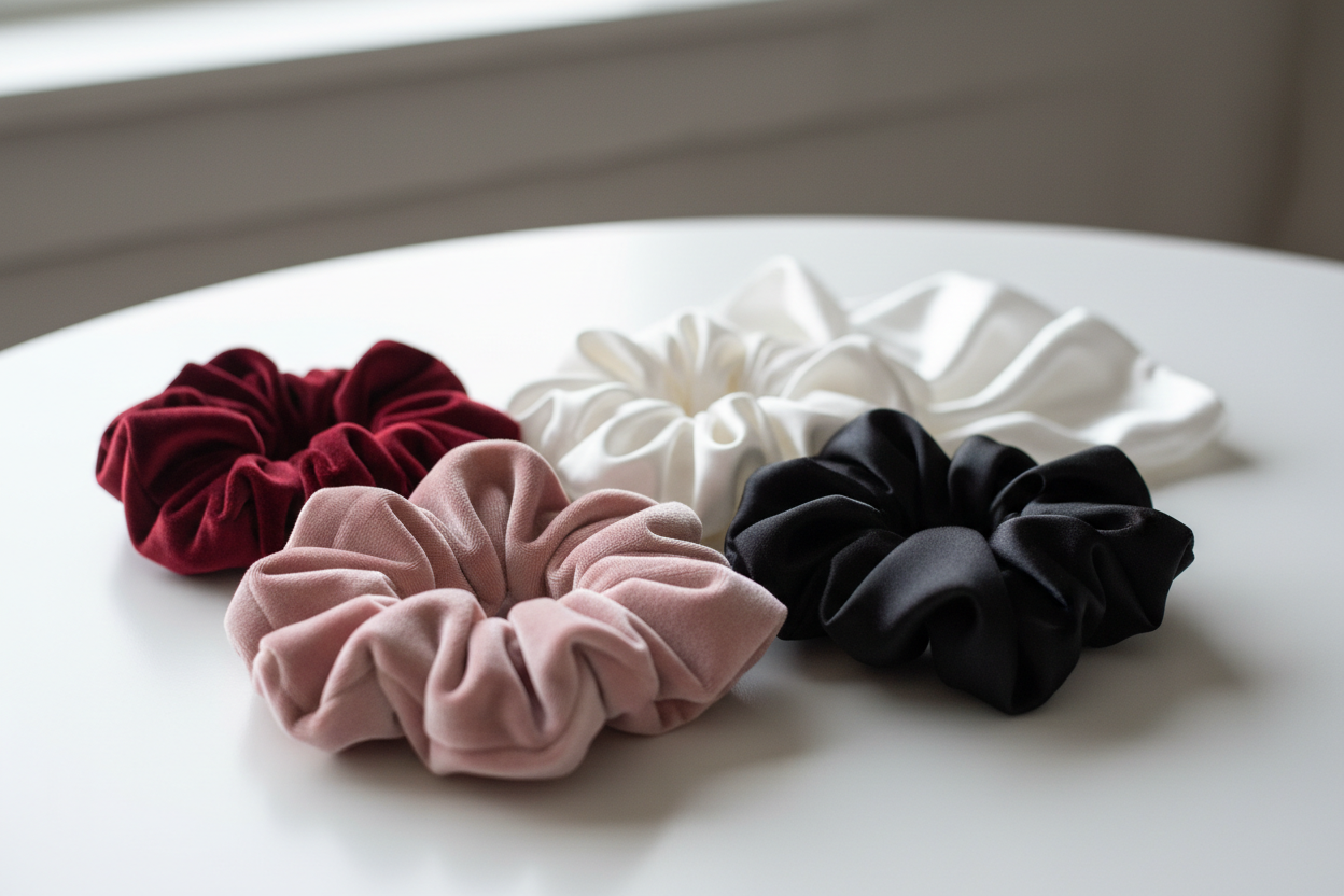 on a table with pink velvet scrunchie, black satin scrunchie, white satin scrunchie, red satin scrunchie