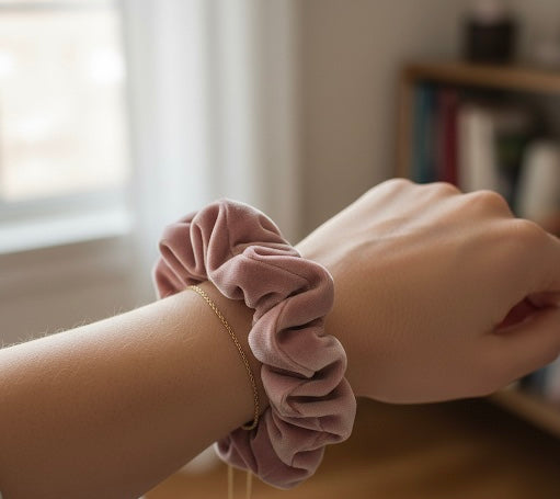 Person wearing a pink scrunchie on wrist with a blurred indoor background