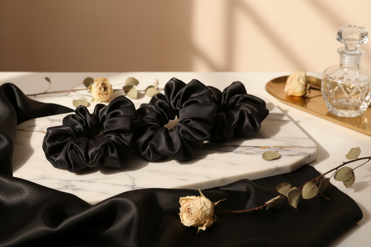 satin black scrunchies on elegant setting