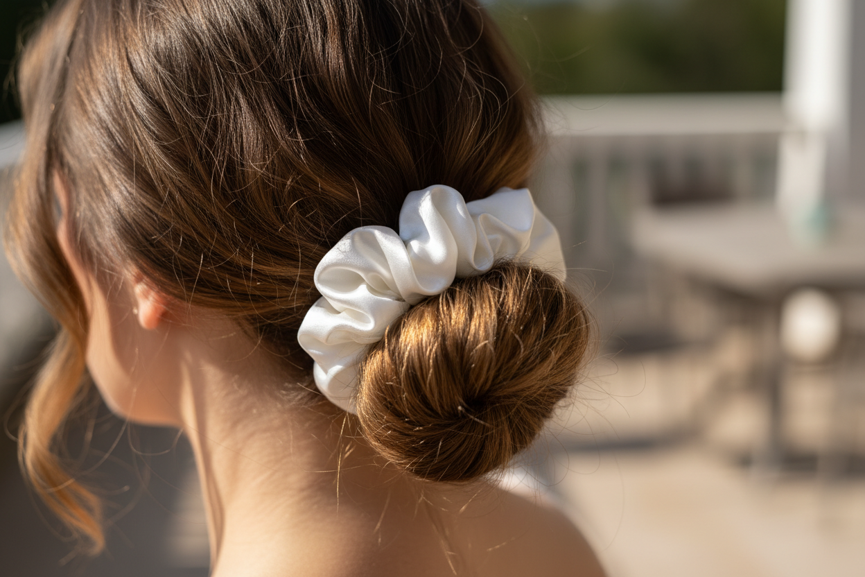 white satin scrunchie on hair
