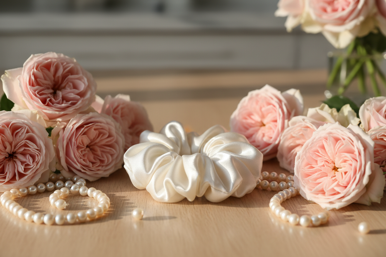 white satin scrunchie on table with roses and pearls elegancy